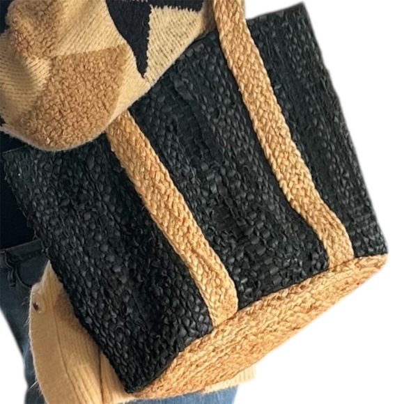 None Handbags - Black and Tan Woven Tote Bag Leather and Jute